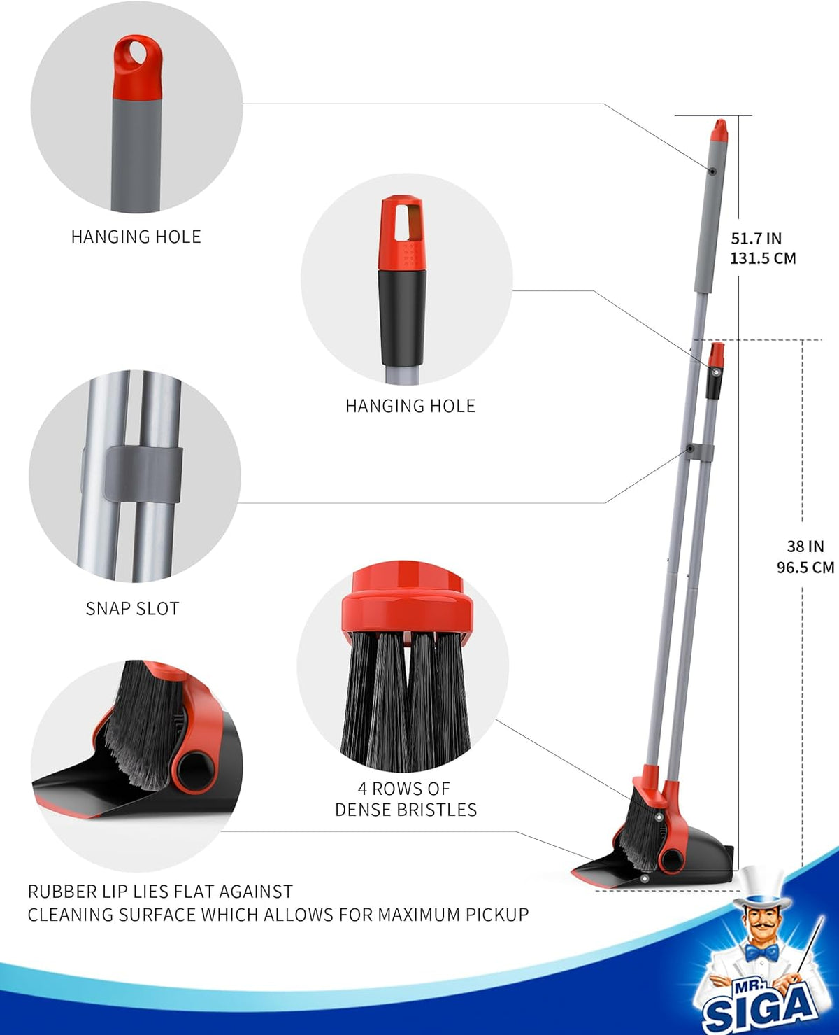 MR.SIGA Broom and Dustpan Set with Long Handle, Stand Upright Broom with Dustpan Combo for Floor