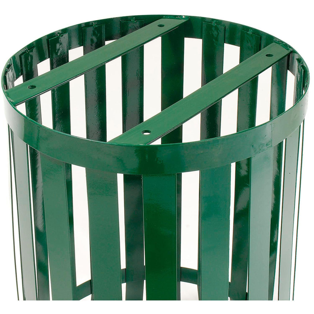 Global Industrial 36 Gallon Outdoor Slatted Steel Round Trash Can with Flat Lid, Plastic Liner &