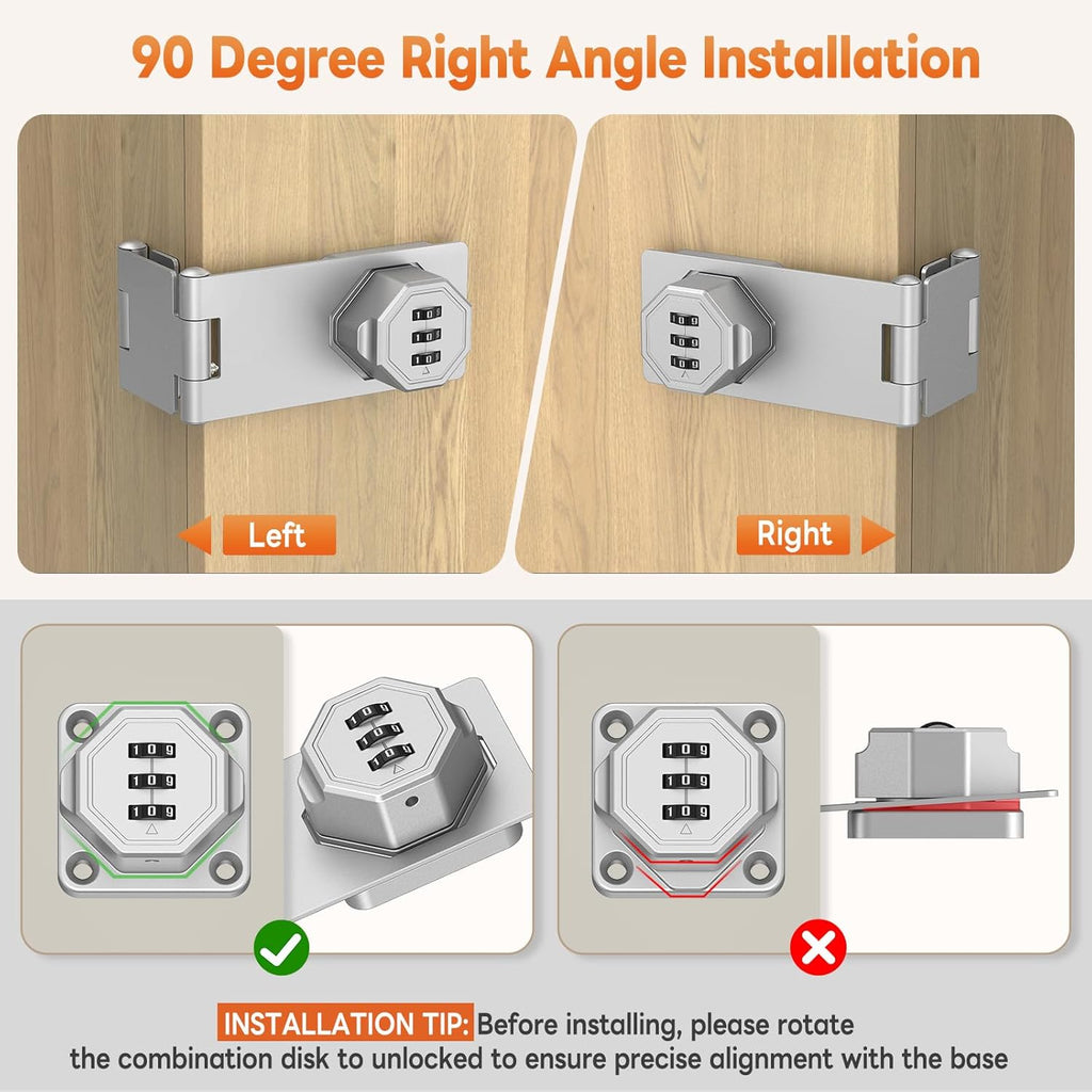 90 Degree 3-Digit Combination Cabinet Lock, Zinc Alloy Keyless Folding Hasp Lock Latch, Password