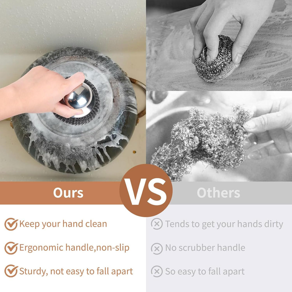 6Pcs Steel Wool Scrubber with Replacement Wire Pads Set, Stainless Steel Scrubber with Handle for