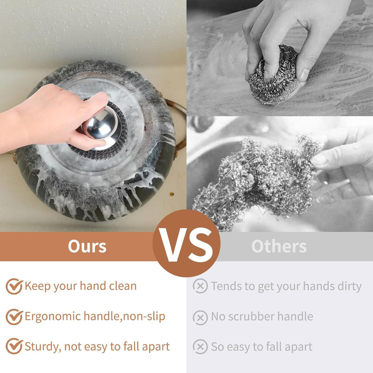 6Pcs Steel Wool Scrubber with Replacement Wire Pads Set, Stainless Steel Scrubber with Handle for