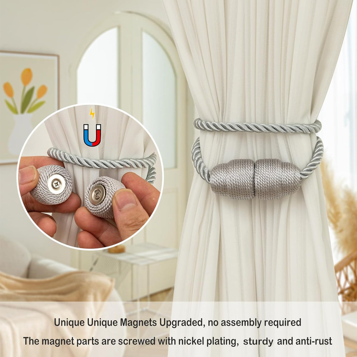 Magnetic Curtain Tiebacks Rope Curtain Tie Backs for Curtains 4 Pack Curtain Holders for Drapes