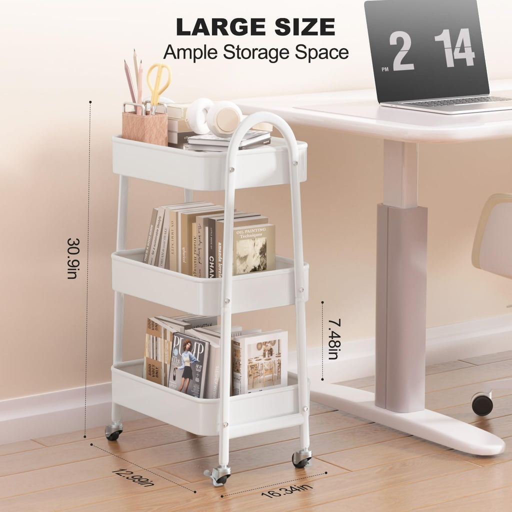 EAGMAK 3 Tier Rolling Cart Under Desk, Large Metal Storage Cart with Handle and Lockable Wheels