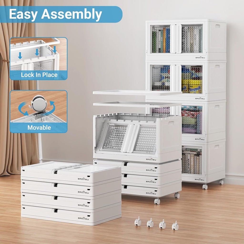 BROVIEW 300 Qt Stackable Storage Bins with Lids & Doors, 3 Pack Plastic Closet Organizer and