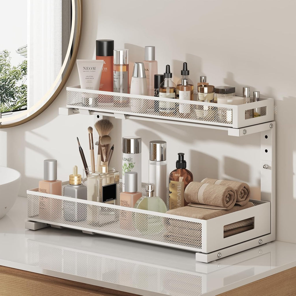 2 Pack 19IN Depth Under Sink Storage Organizer, Large 2-Tier Elegant Mesh Pull Out Shelf for