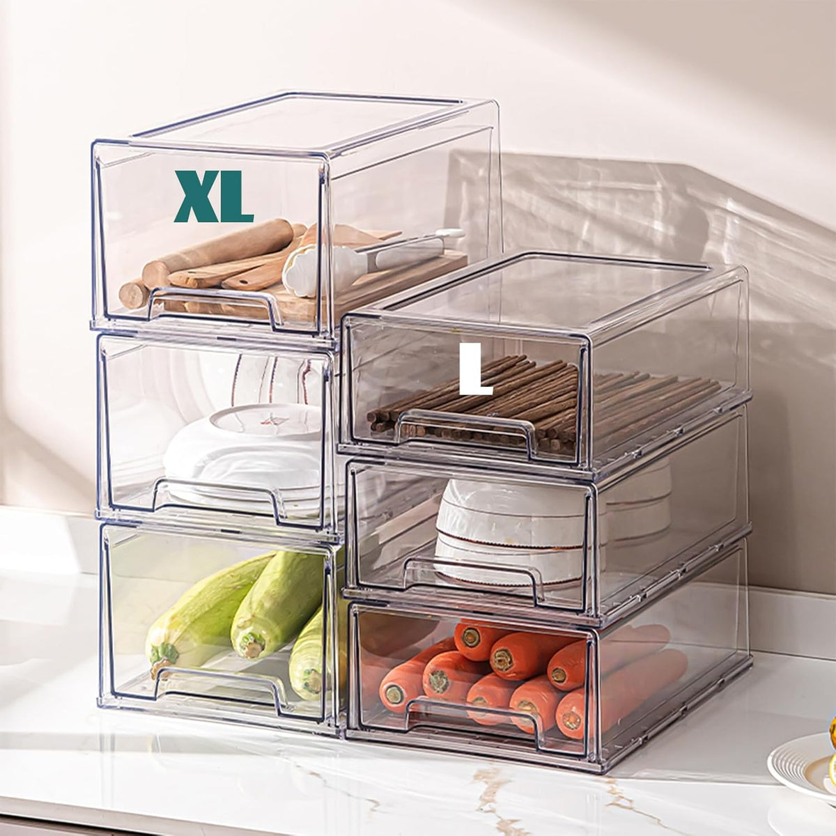 PeJeyiee Clear Stackable Refrigerator Organizers and Storage Drawers - Pull-Out Fridge Bins with