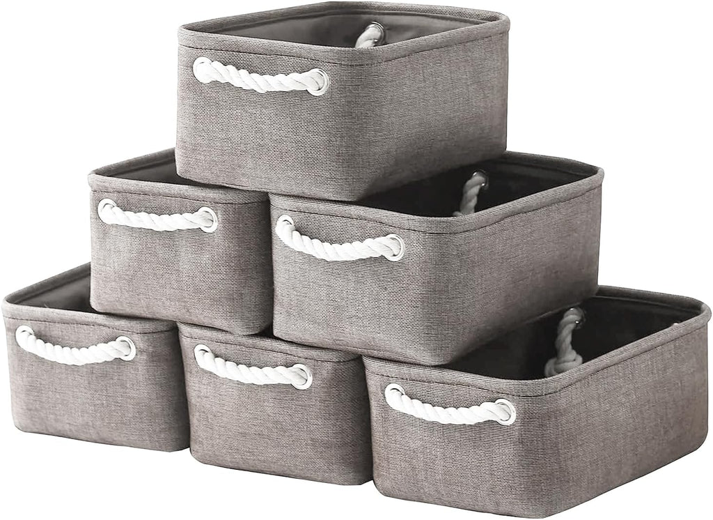 TheWarmHome Foldable Small Storage Baskets with Strong Cotton Rope Handles [6-Pack] Gray