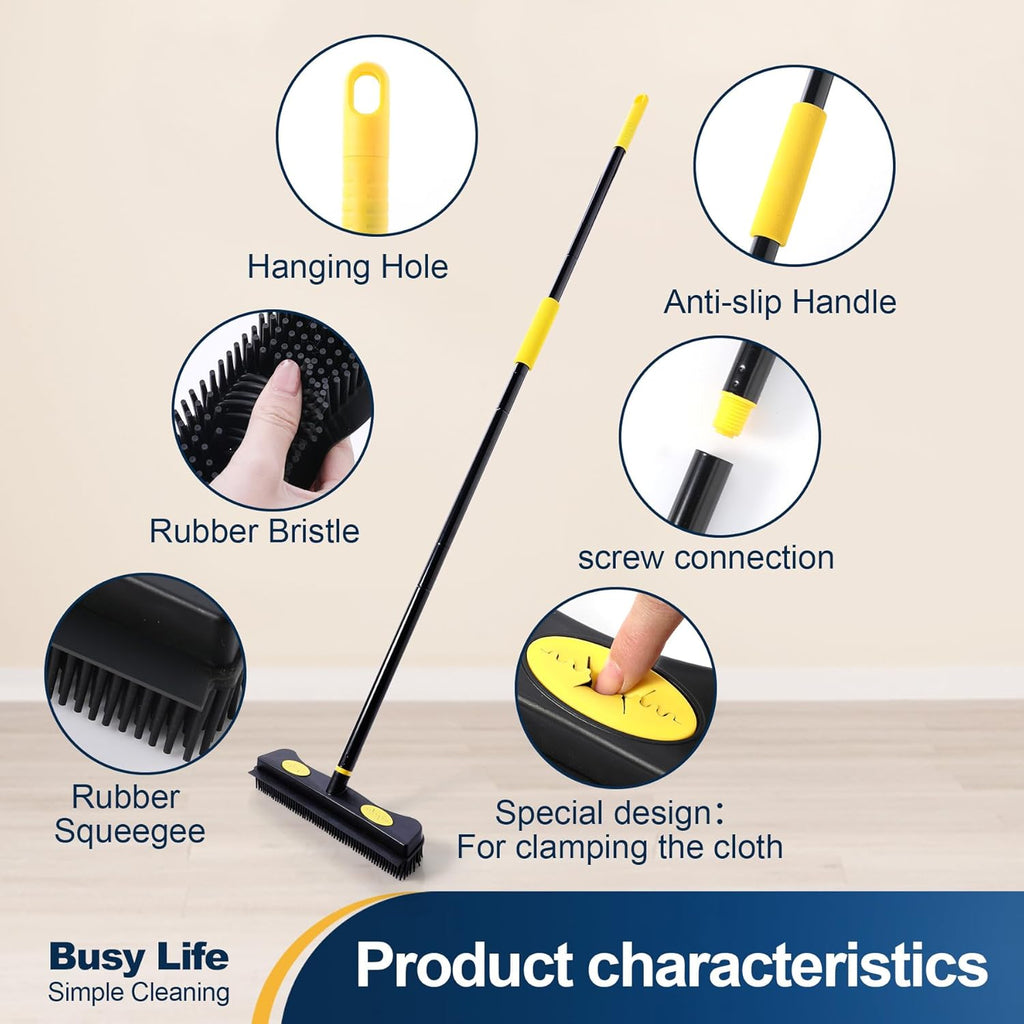 Yocada Pet Hair Removal Rubber Broom 2 in 1 Floor Brush with Squeegee Carpet Rake 57.5" Long Handle