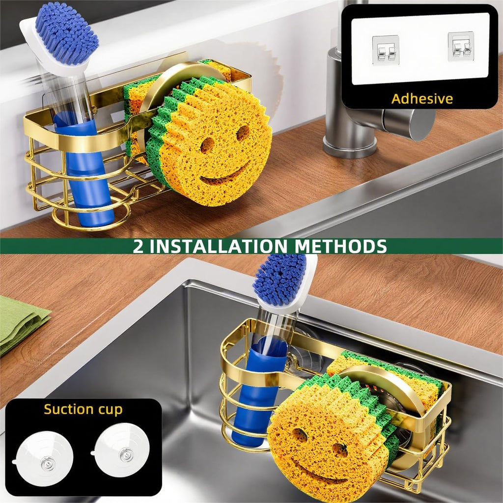Cisily Gold Smiley Sponge Holder for Kitchen Sink Caddy, Stainless Steel Movable Brush Holder Dish