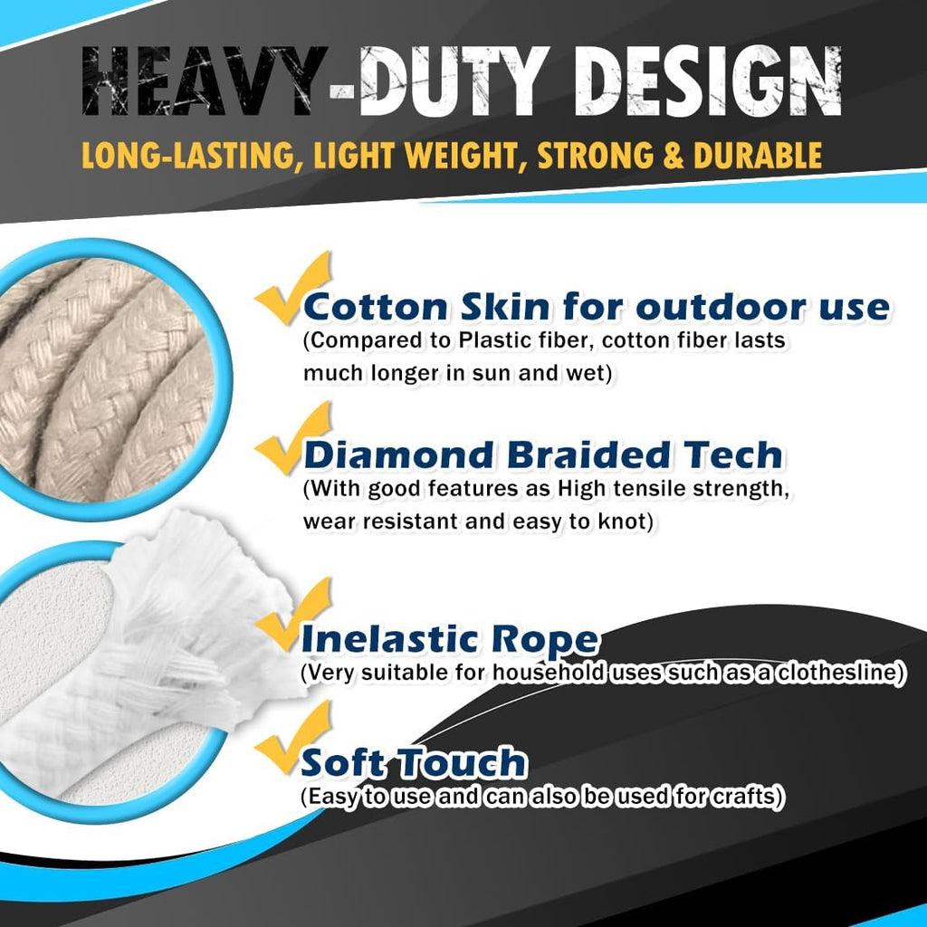 PerkHomy Cotton Rope 3/16" (5mm) 100 ft Multi Purpose Utility Diamond Braided Cord, Natural Cotton