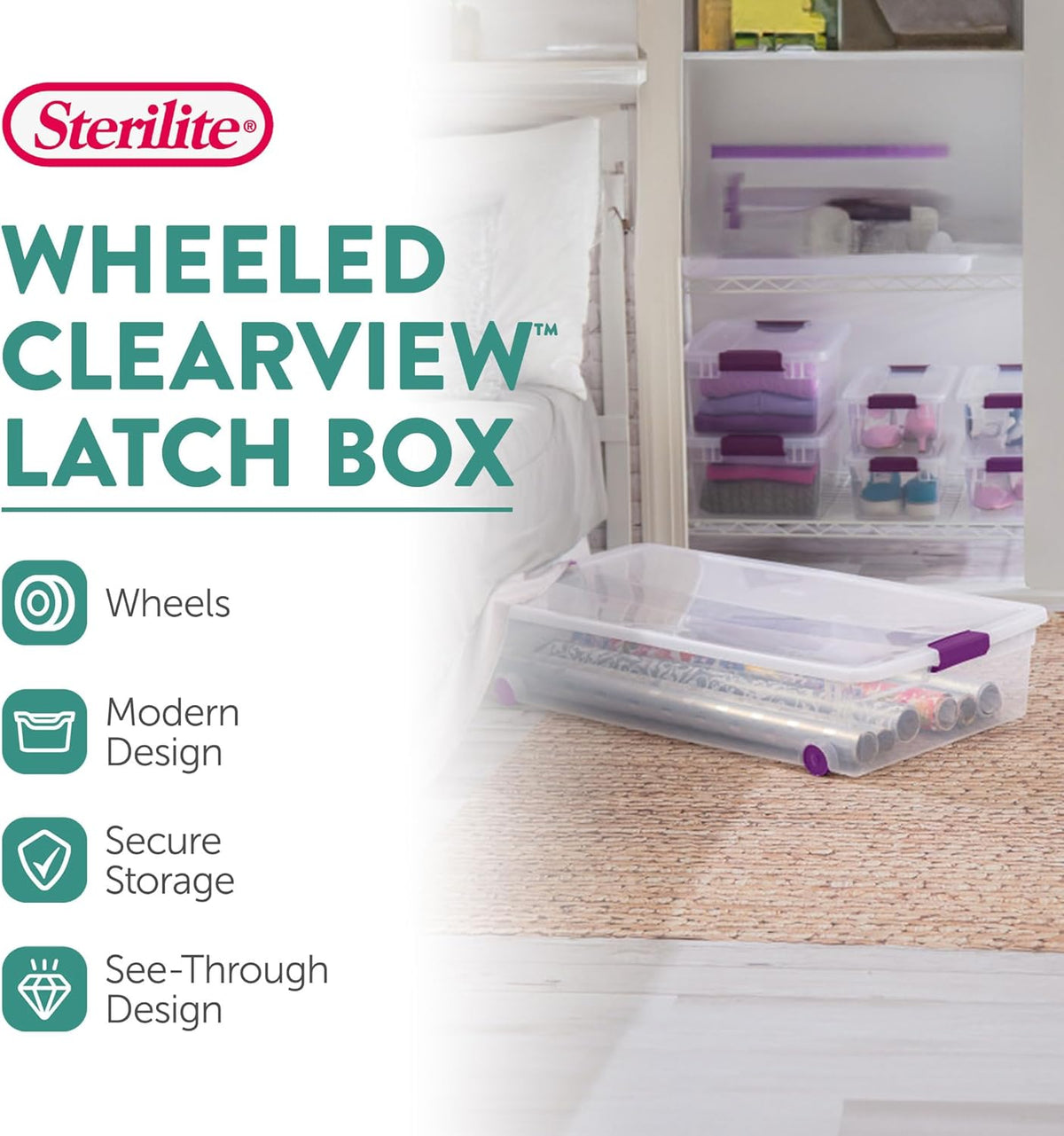 Sterilite 16-Pack 60 Quart ClearView Latch Box, Wheeled Underbed Organizer Bins with Latching Lids