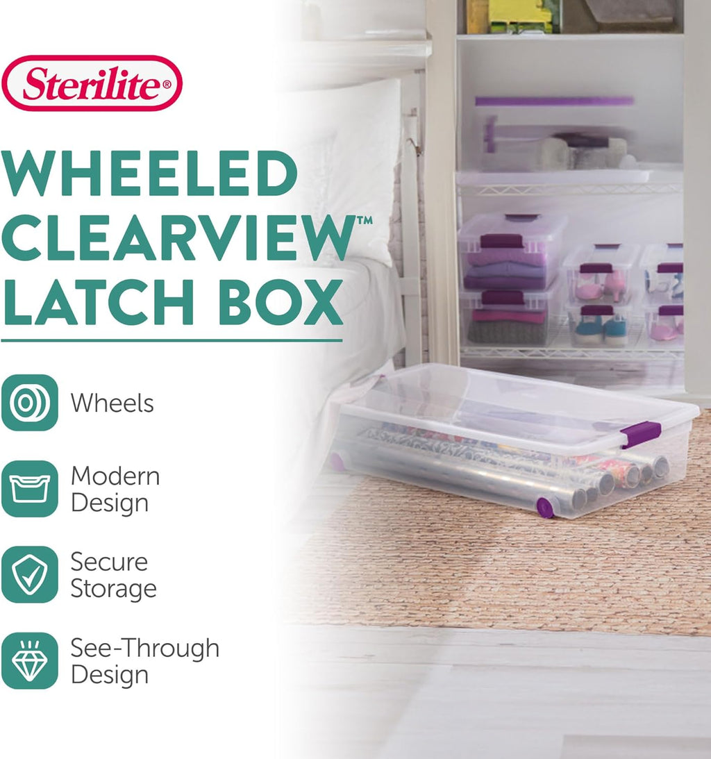 Sterilite 4-Pack 60 Quart ClearView Latch Box, Wheeled Underbed Organizer Bins with Latching Lids