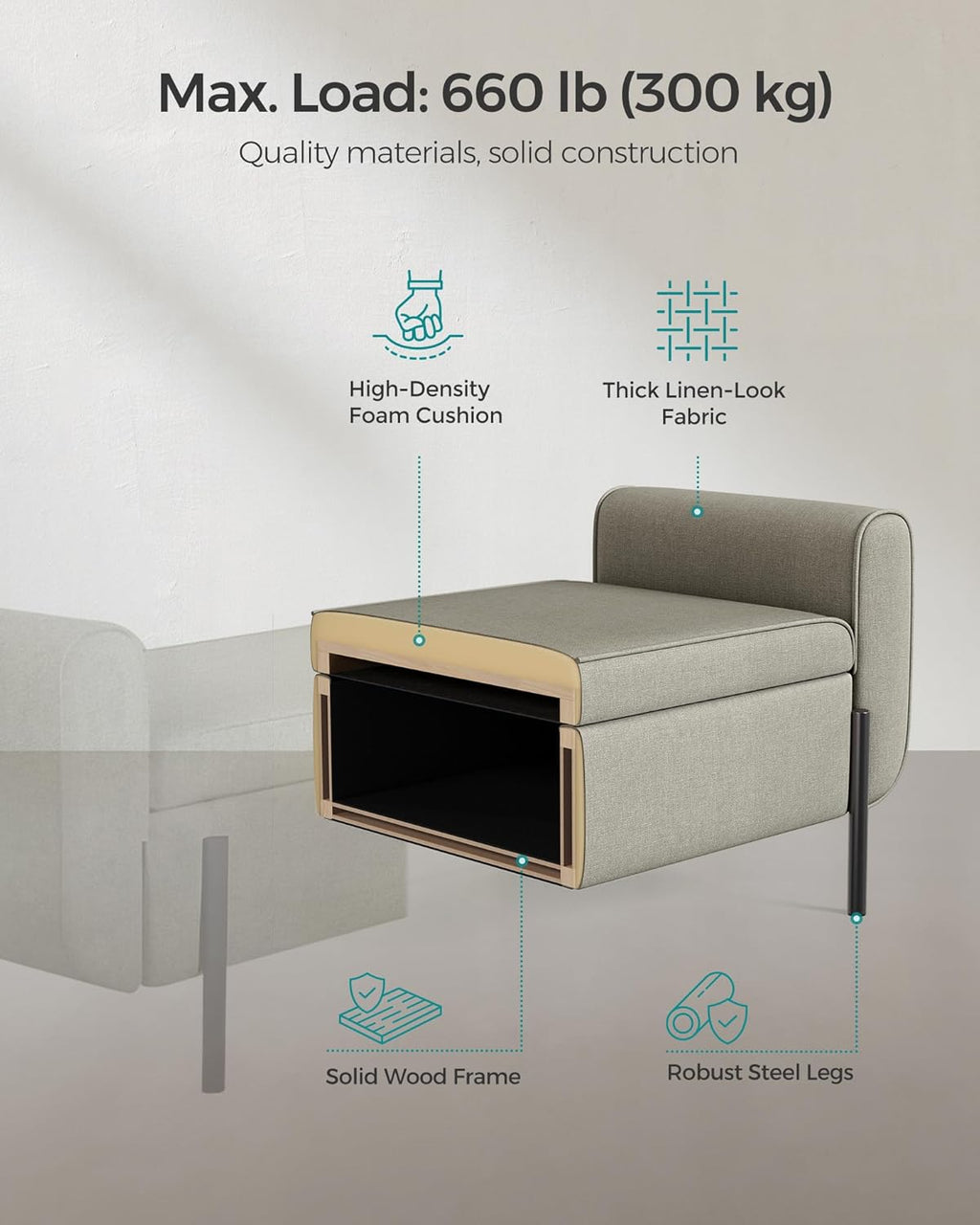 SONGMICS Storage Bench with Armrests, Ottoman with Storage for Living Room, Storage Ottoman Bench