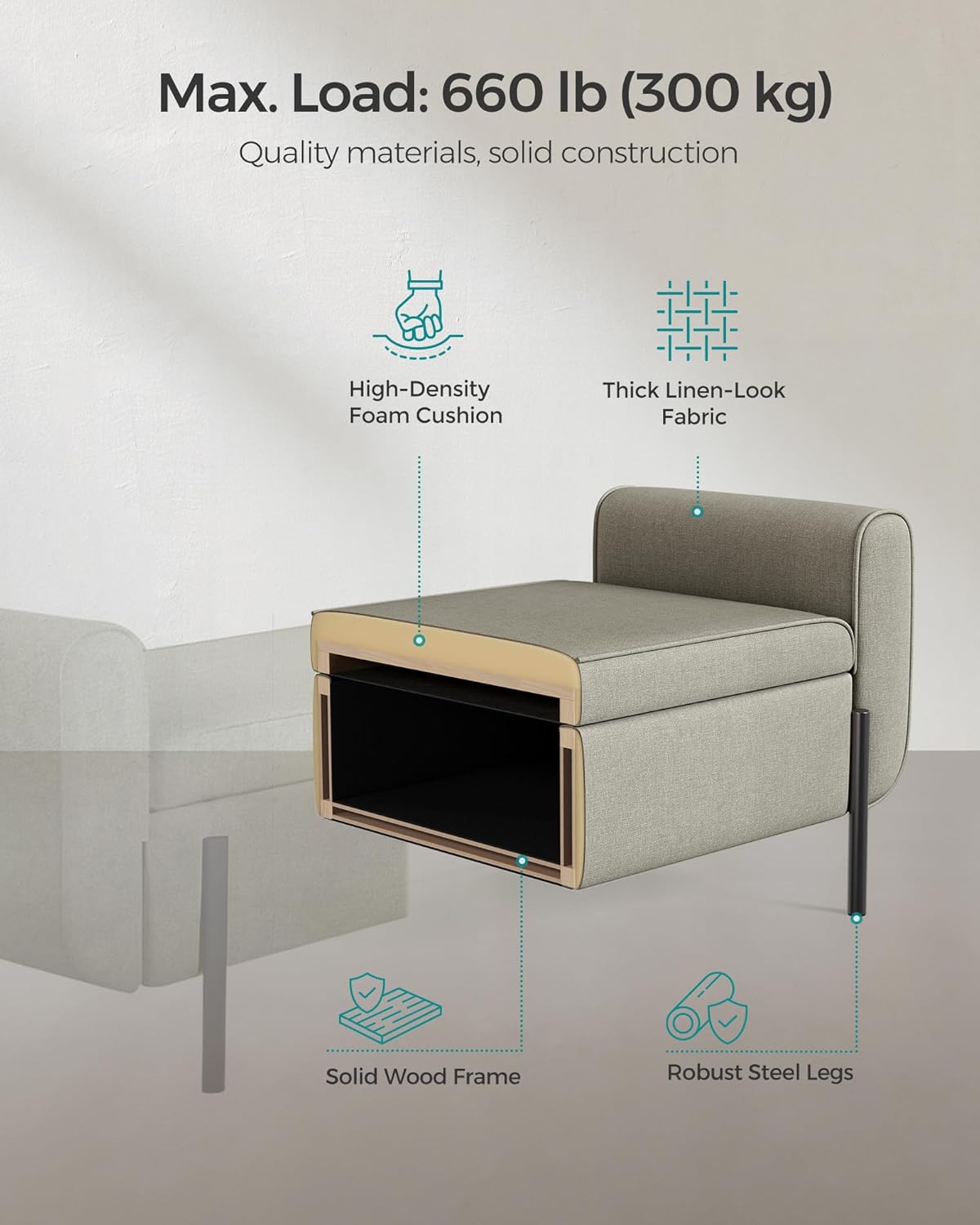 SONGMICS Storage Bench with Armrests, Ottoman with Storage for Living Room, Storage Ottoman Bench
