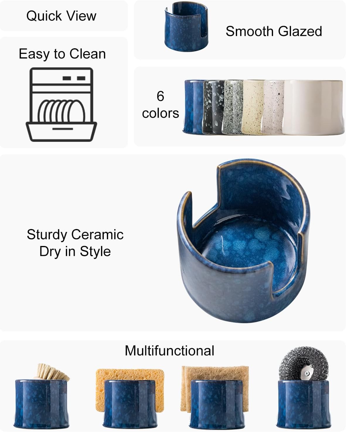 Kitchen Sponge Holder, Ceramic Sponge Organizer Scrubby Holder Sink Caddy Dish Rack for Kitchen and