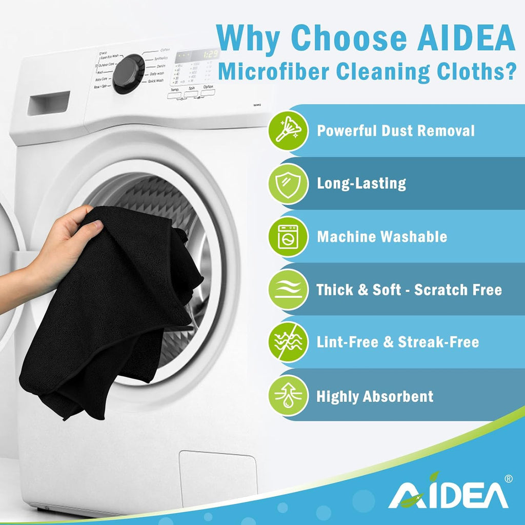AIDEA Microfiber Cleaning Cloth Black 50PK, Microfiber Towels for Cars, Premium Car Cloths, Dusting