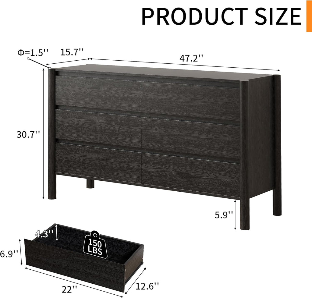 Dresser for Bedroom with 6 Drawers,47" Wide Oak Dresser with 4 Solid Wood Legs, Wooden TV