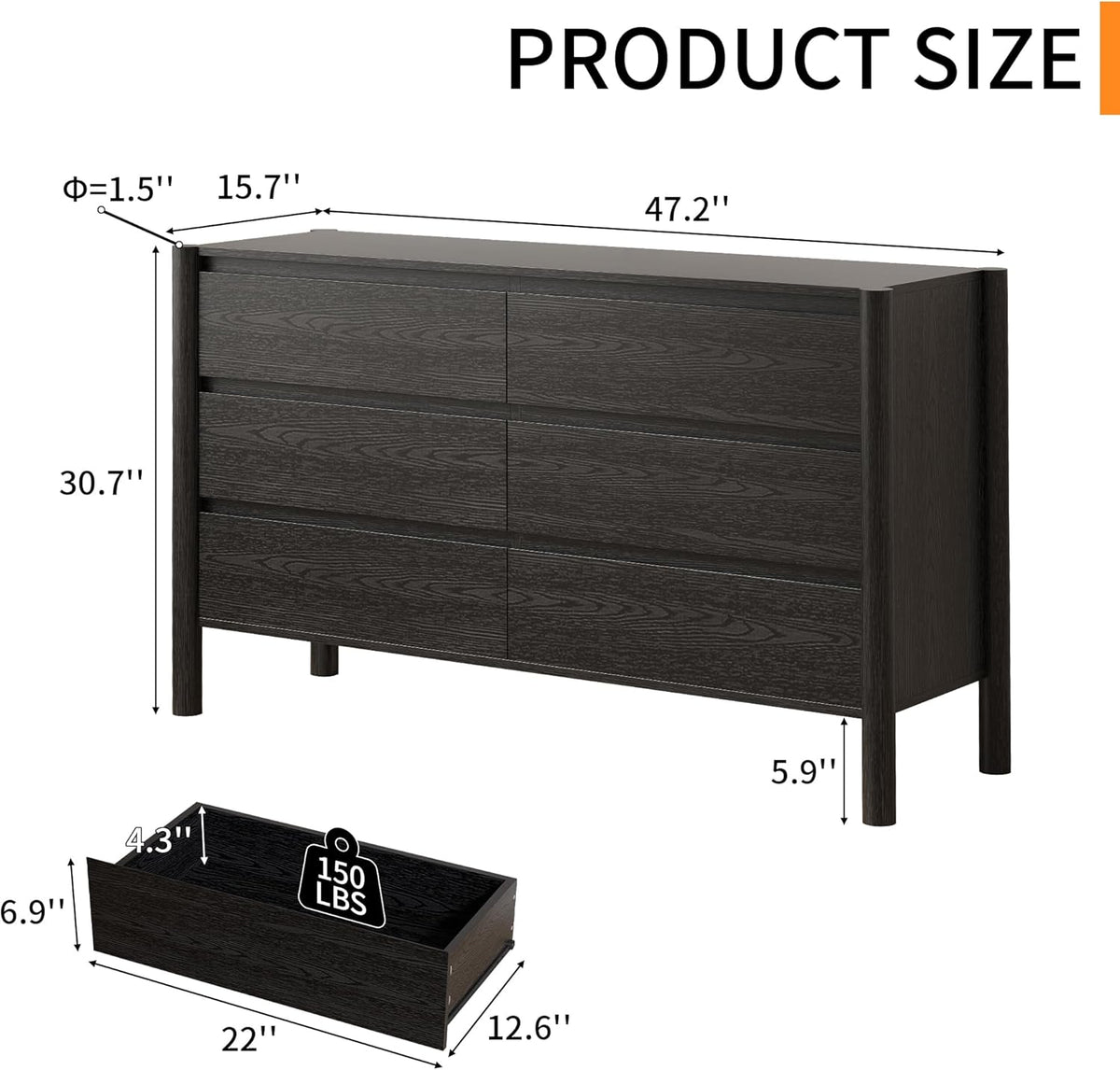 Dresser for Bedroom with 6 Drawers,47" Wide Oak Dresser with 4 Solid Wood Legs, Wooden TV