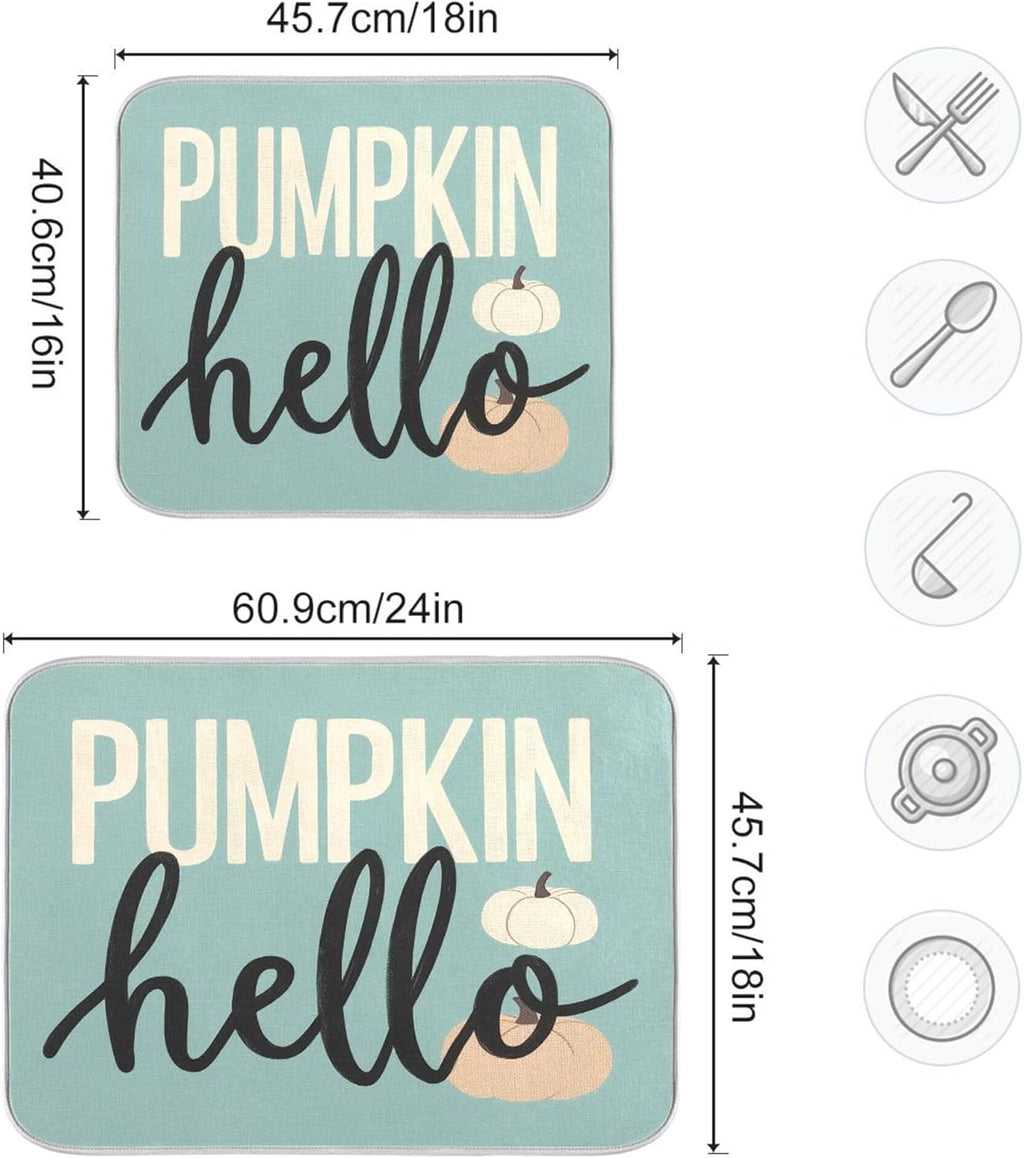 Hello Pumpkin Turquoise Fall Dish Drying Mat for Kitchen Countertop 16x18 Aqua Teal Autumn Small