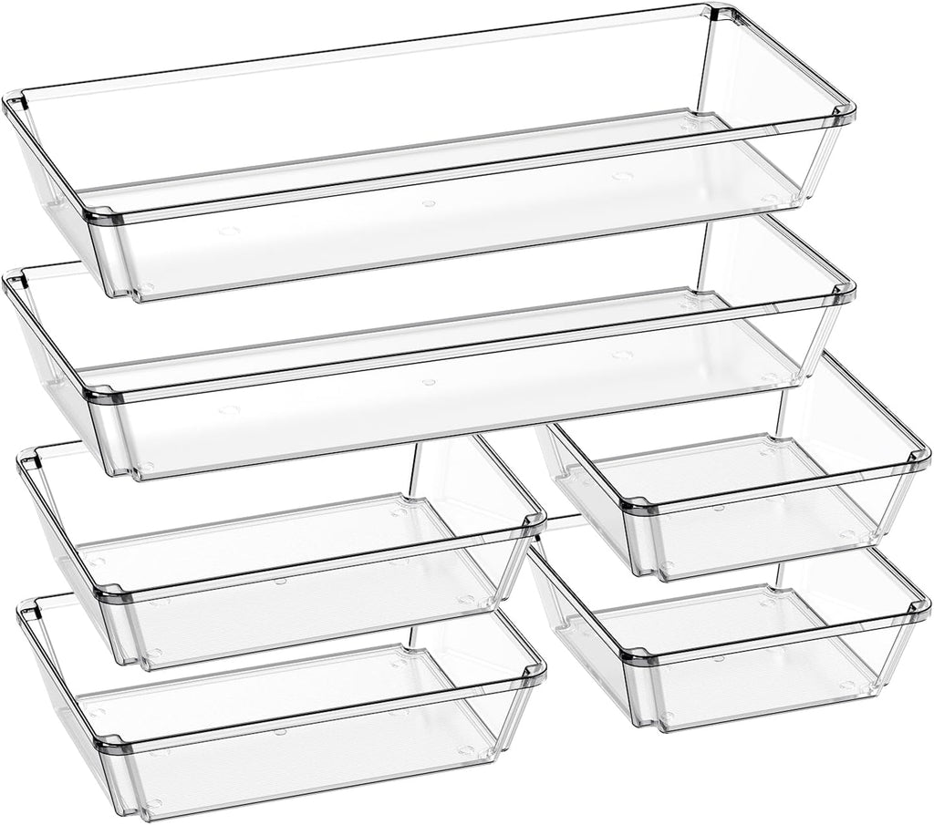 6 Pack Large Clear Plastic Drawer Organizer Trays, Desk Drawer Organizers and Storage Dividers