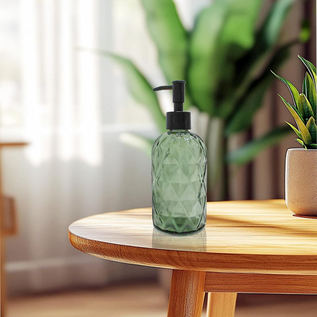 Green Glass Soap Dispenser with Black Plastic Pump, 12Oz Bathroom Clear Liquid Lotion Bottles