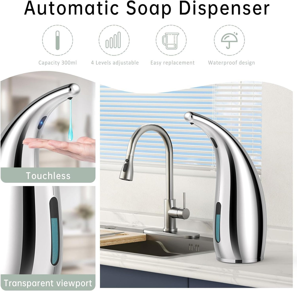 Automatic Liquid Soap Dispenser,300ML Touchless 4 Gear Adjustable,Countertop Electric Battery