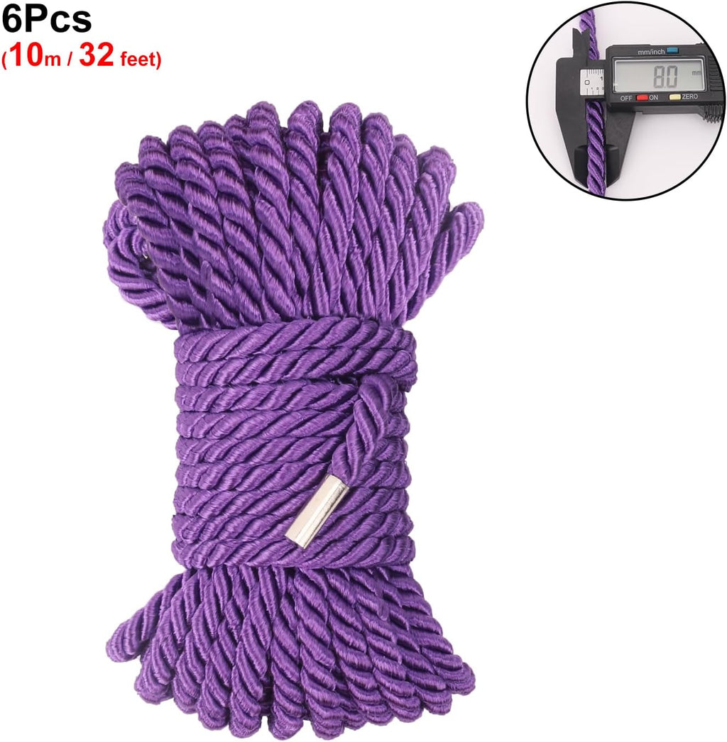6 PCS Silk Rope Set - 32 Feet Long Nylon Proof Rope Cord and Soft Braided Ropes Black & Purple