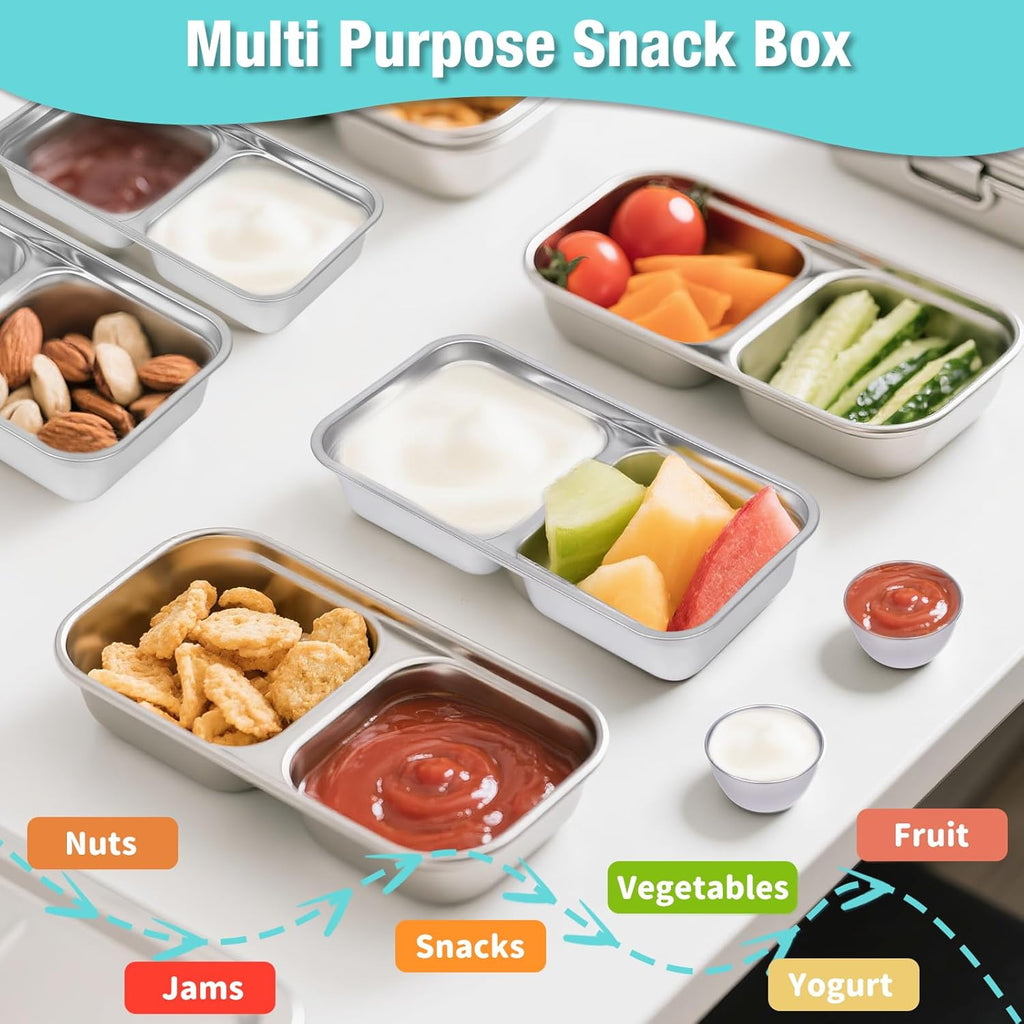 6 Pack Stainless Steel Snack Containers with Lids, 2-Compartment Bento Box, Lunch Box & Salad