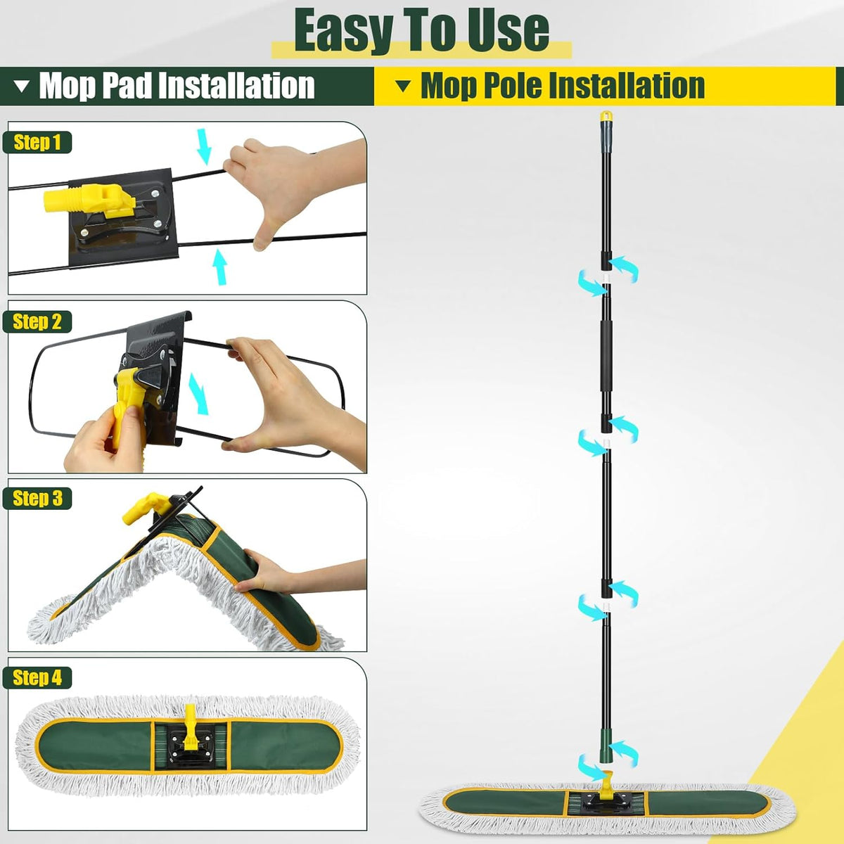 24" Commercial Dust Mop Replacement Padsfor Cleaning Office Garage Hardwood Warehouse, 2 Pack ,Green