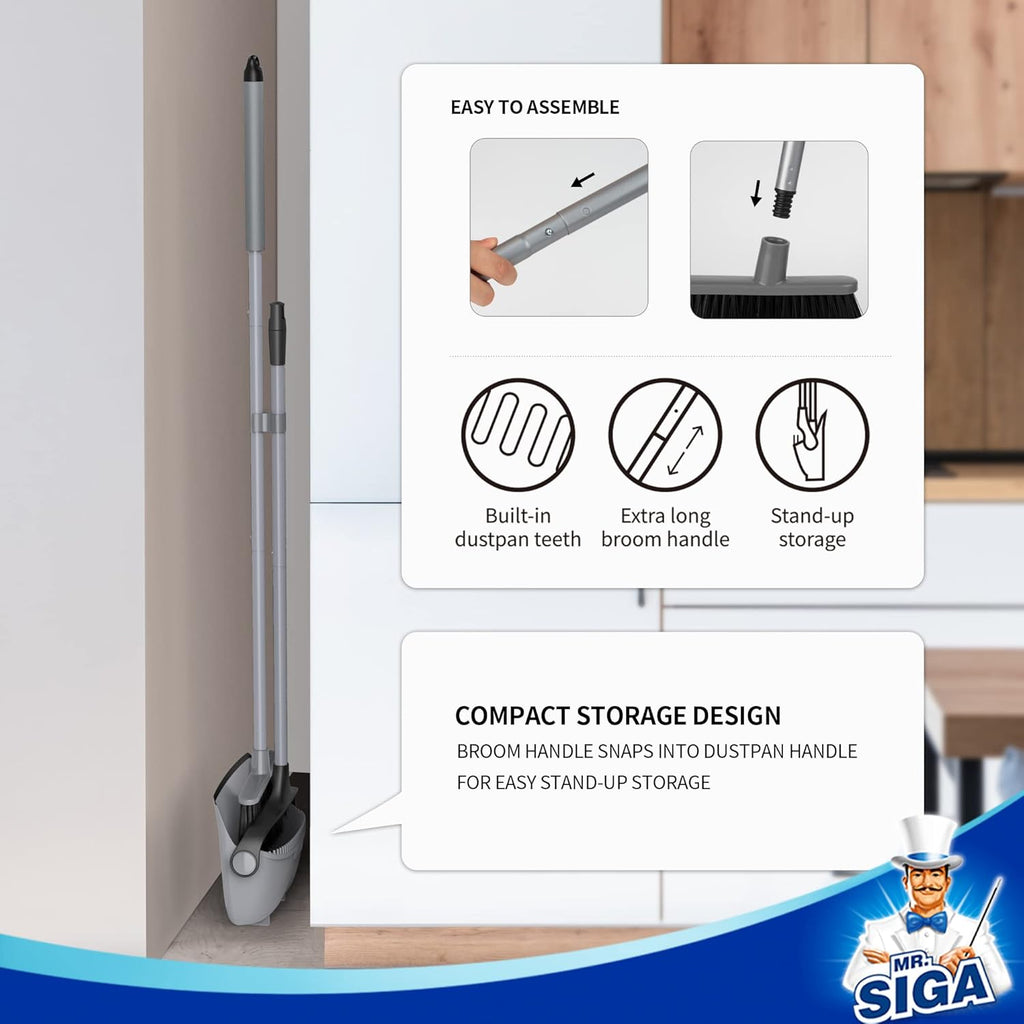 MR.SIGA Broom and Dustpan Set with Adjustable Long Handle, Upright Combo for Floor, Cleaning Lobby