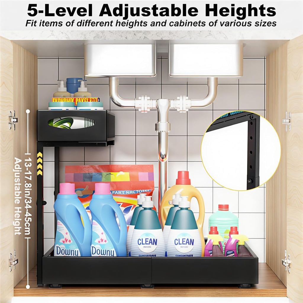 Housolution Under Sink Organizer, 13"-20" Width Expandable, 13"-17" Height Adjustable, 2 Tier Metal