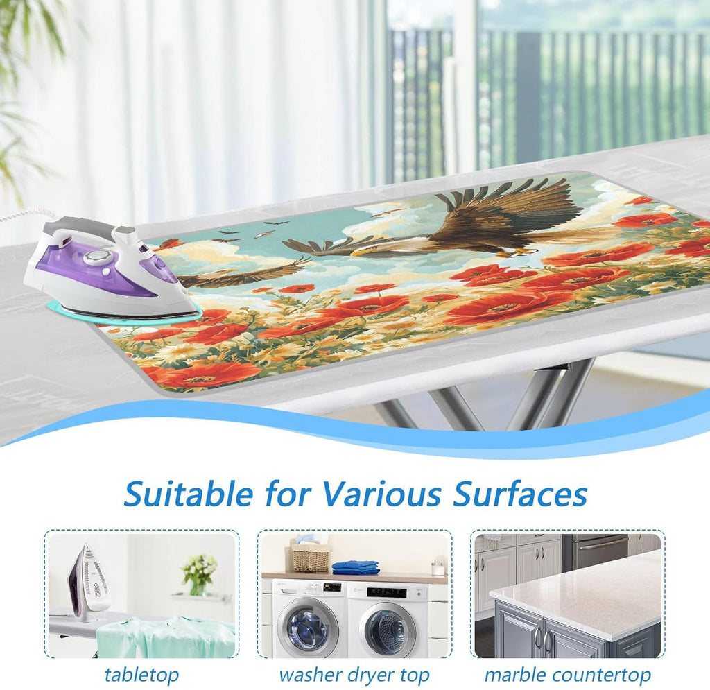 Vivid Poppy Wildflowers and Eagles Ironing Mat Thickened Ironing Blanket Travel Portable