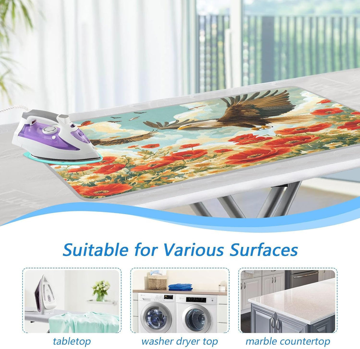 Vivid Poppy Wildflowers and Eagles Ironing Mat Thickened Ironing Blanket Travel Portable