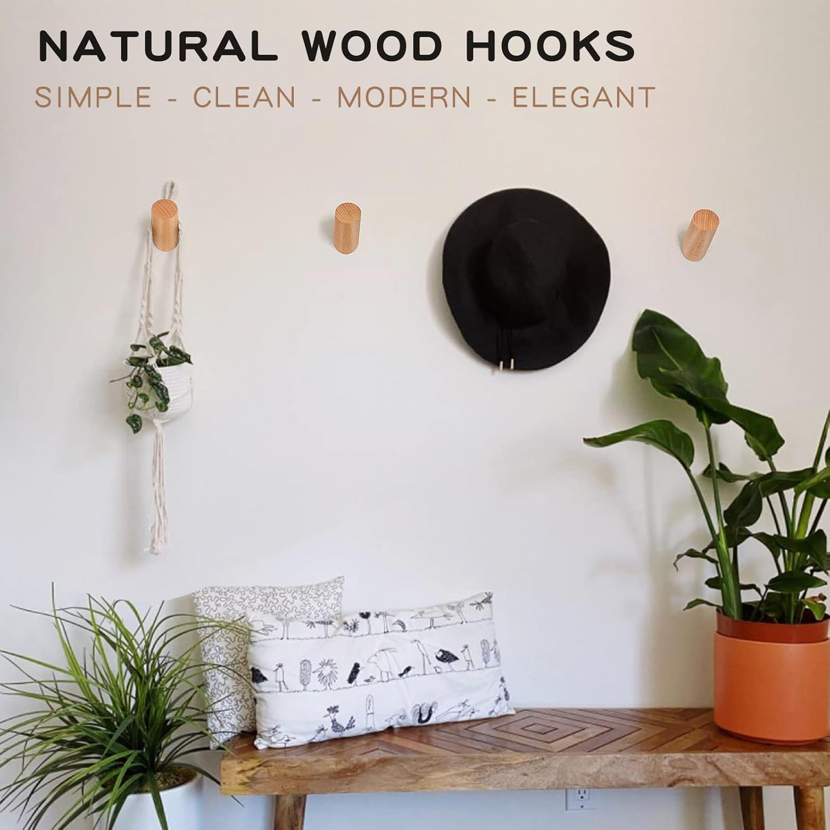 Wood Wall Hooks, 6 Pack Natural Wooden Coat Hooks Wall-Mounted, Rustic Heavy Duty Hook for Hanging