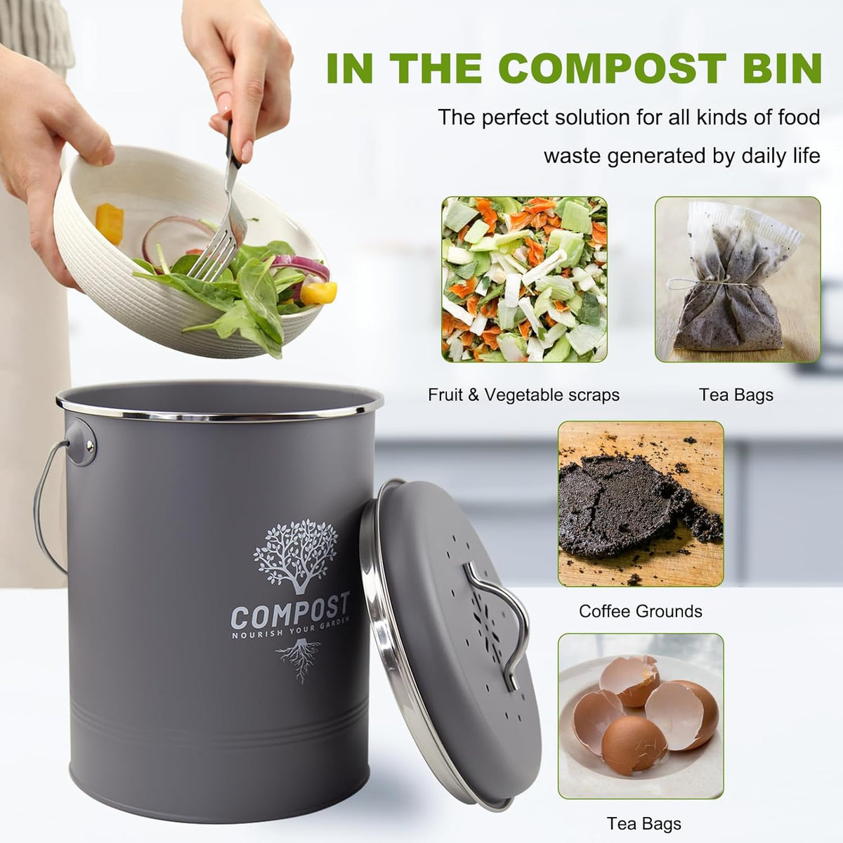 Kitchen Countertop Compost Bin, Odor Resistant Indoor Compost Bin with Lid and Charcoal Filter
