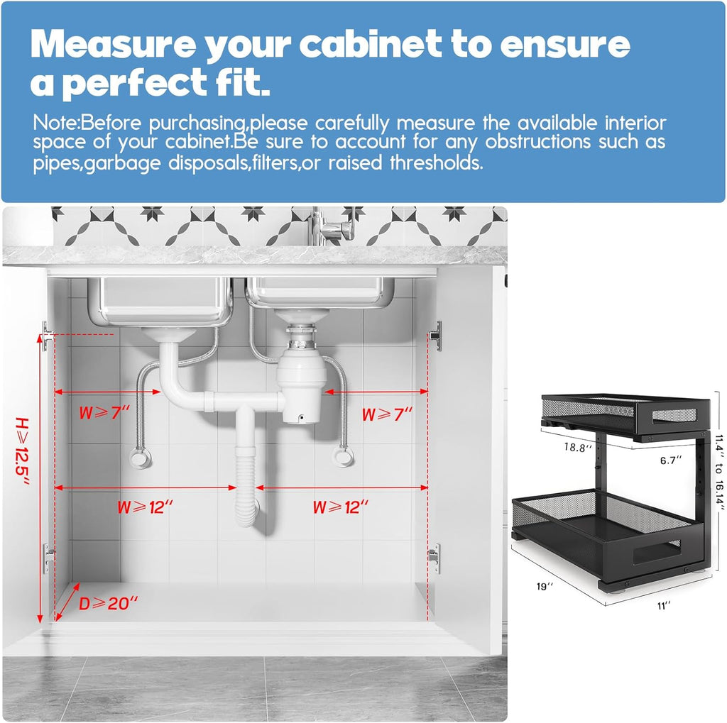 1 Pack 19IN Depth Under Sink Storage Organizer, Large 2-Tier Elegant Mesh Pull Out Shelf for
