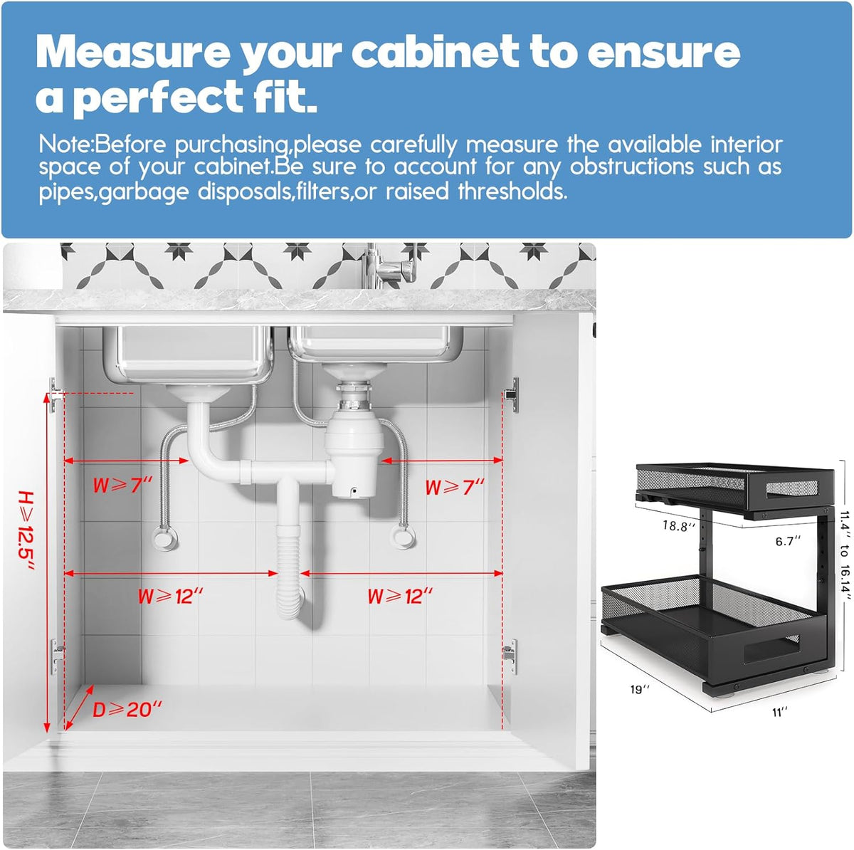 1 Pack 19IN Depth Under Sink Storage Organizer, Large 2-Tier Elegant Mesh Pull Out Shelf for
