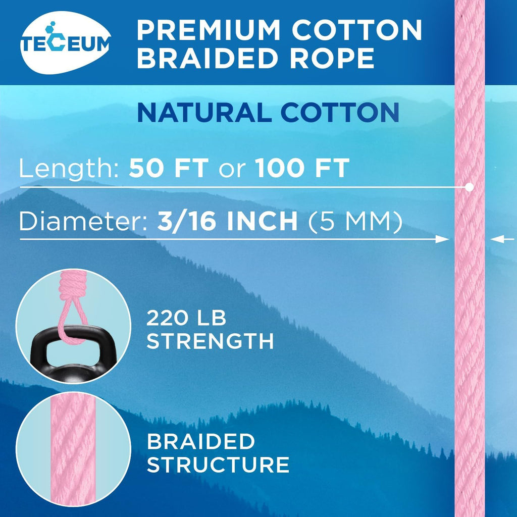 TECEUM Cotton Rope 3/16” (5 mm) – 50 FT – Strong All-Purpose Braided Rope – Natural Cotton – for