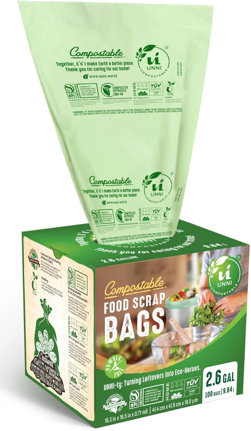 UNNI Compostable Trash Bags, 2.6 Gallon / 9.84 Liter, 200 Count, Extra Thick 0.71 Mil Small Kitchen
