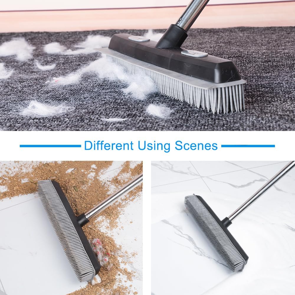 Pet Hair Rubber Broom with Carpet Rake and Squeegee, 2 in 1 Floor Brush for Carpet, 58 inch