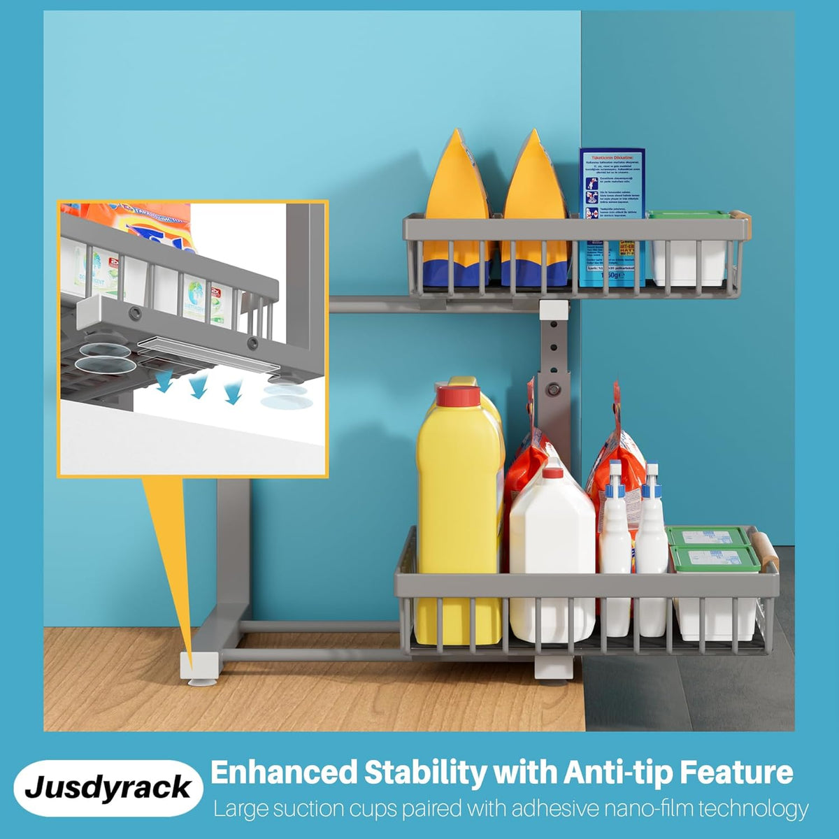 1 Packs 2 Tier Grey Under Sink Organizer,Under Sink Organizers and Storage, Slide Out Pull Out