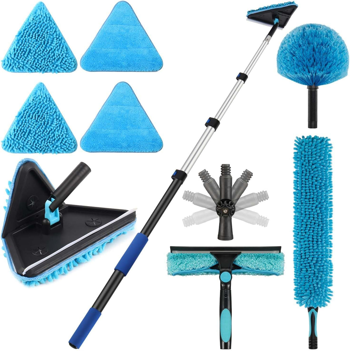 25 Feet High Ceilings Baseboard Wall Cleaner Mop with 18 Ft Extension Pole, Cobweb Duster, Window