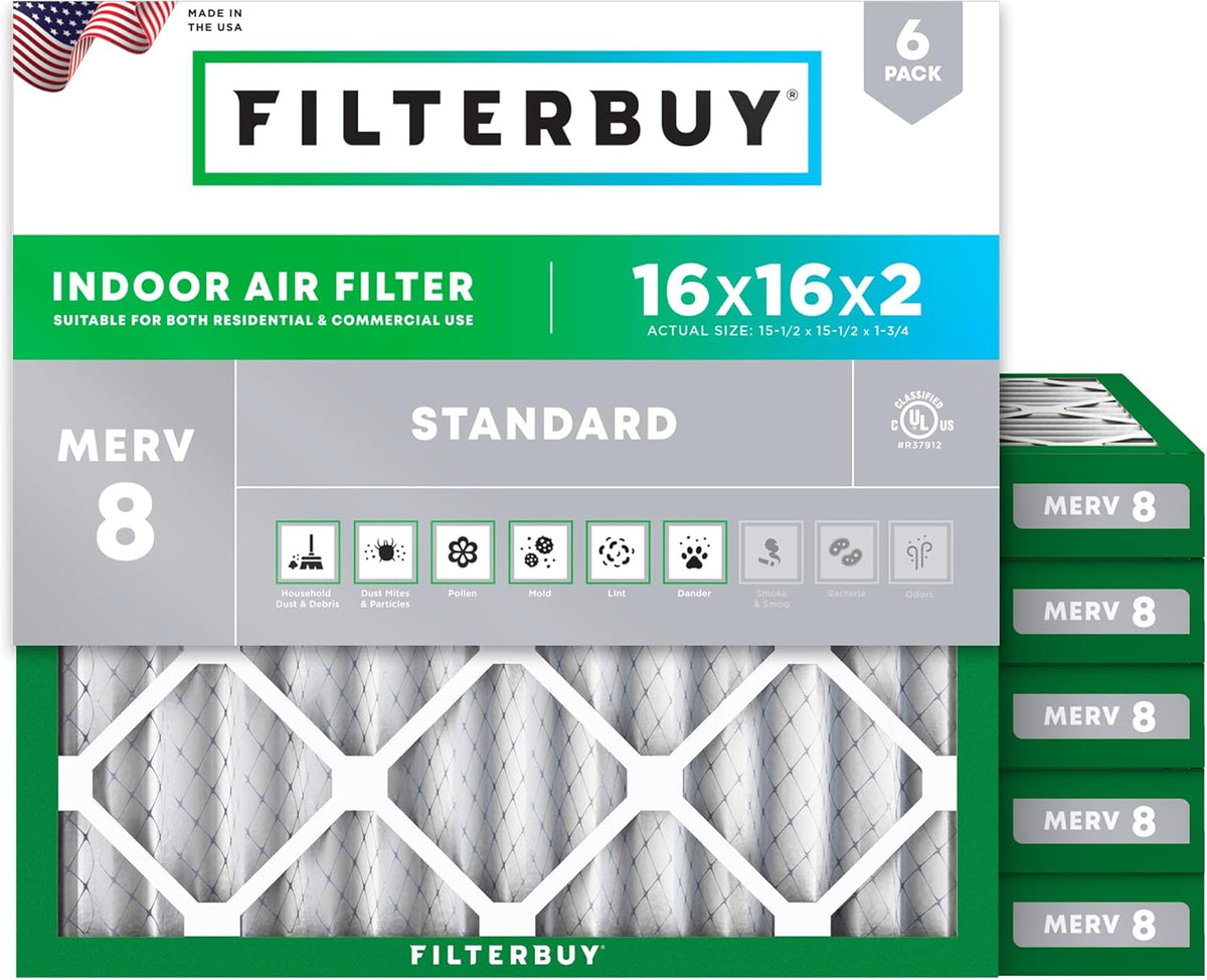 Filterbuy 16x16x2 Air Filter MERV 8 (MPR 700) Dust Defense Replacement (6-Pack), Electrostatic
