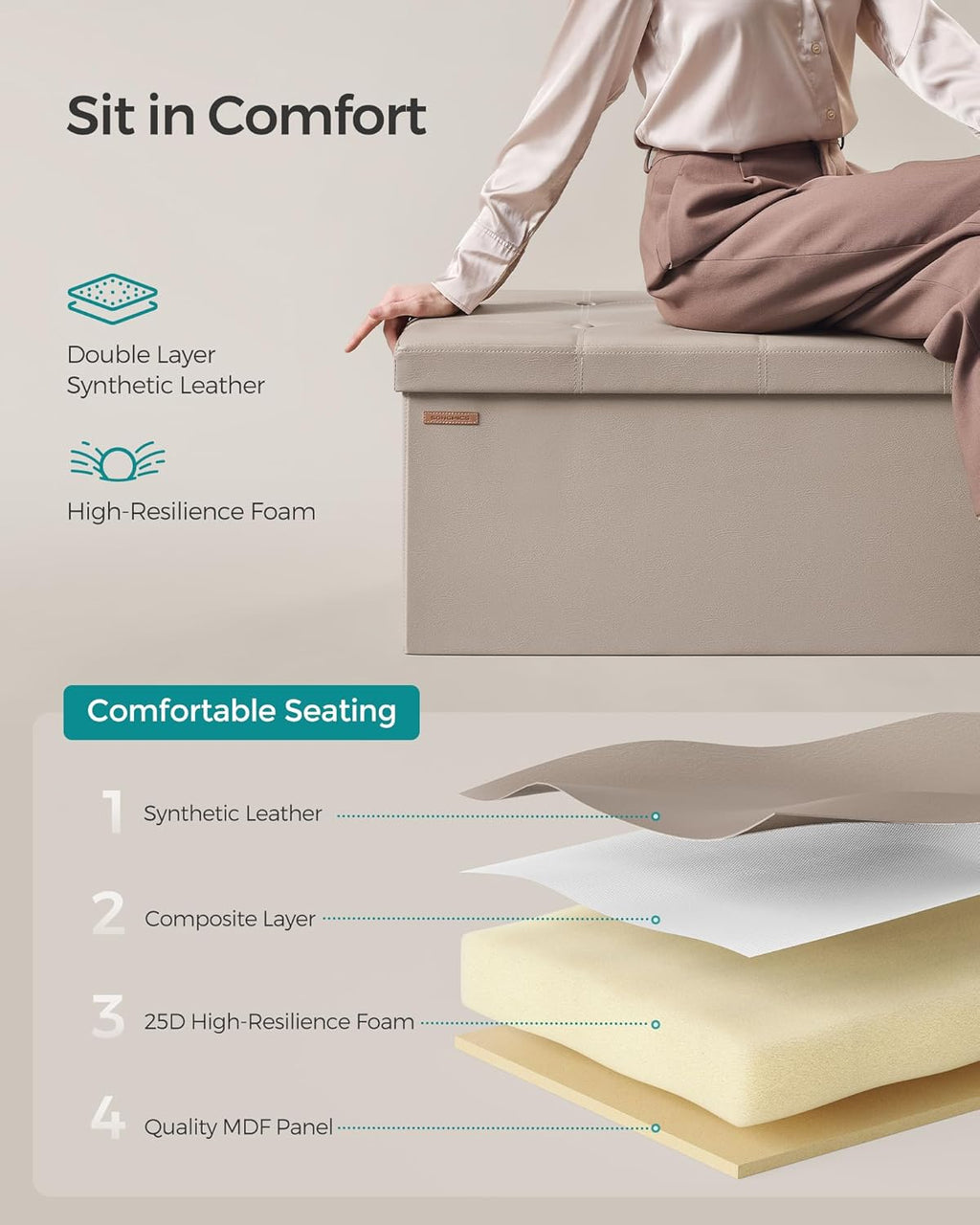 SONGMICS Mazie Collection - 43 Inches Folding Storage Ottoman Bench, Ottoman with Storage, Foot