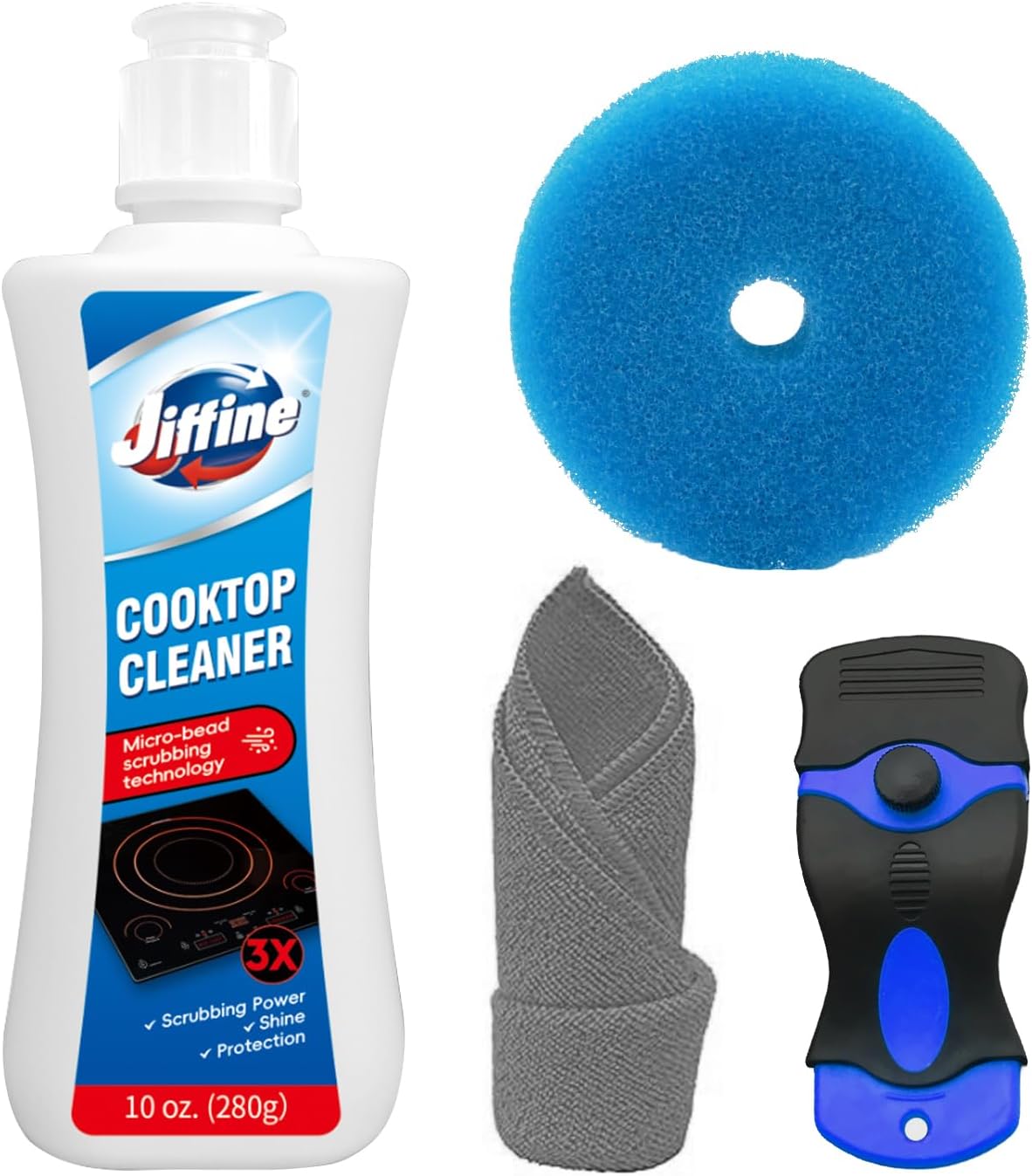 Glass Cooktop Cleaner Kit & Polish - 10 oz Stove Top Cleaner with Scrubbing Pad, Scraper &