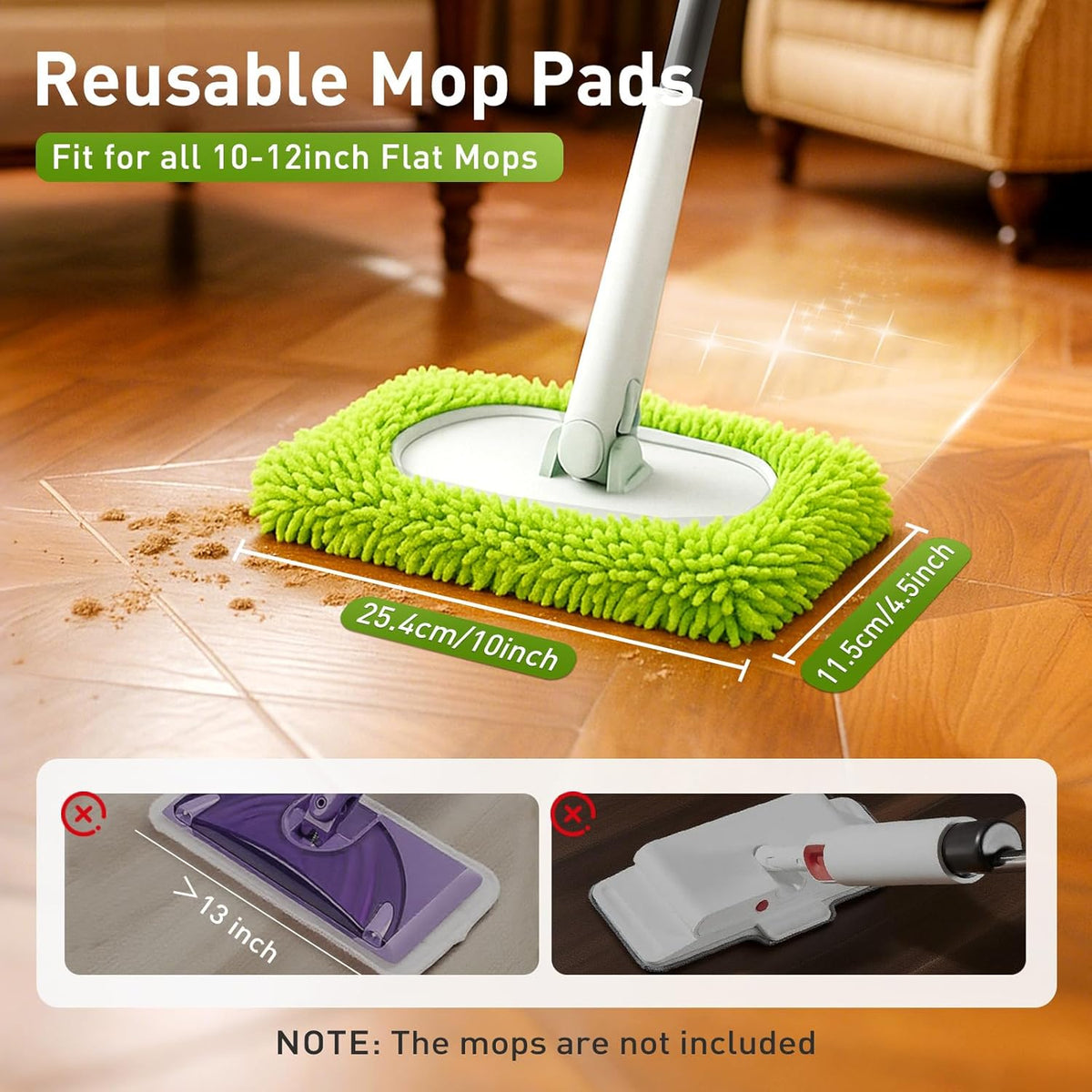 6PCS Reusable Mop Pads Fit for Flat Mops, Chenille Mop Refill Pads Washable Mop Covers, Household
