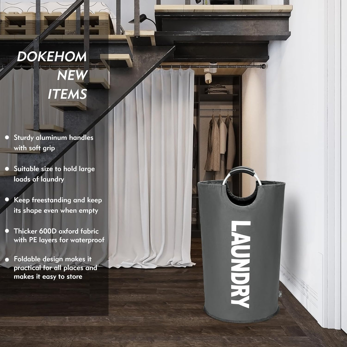 DOKEHOM 125L X-Large Collapsible Washing Laundry Basket Bag (7 Colors) for Bedroom, Fabric (Dark