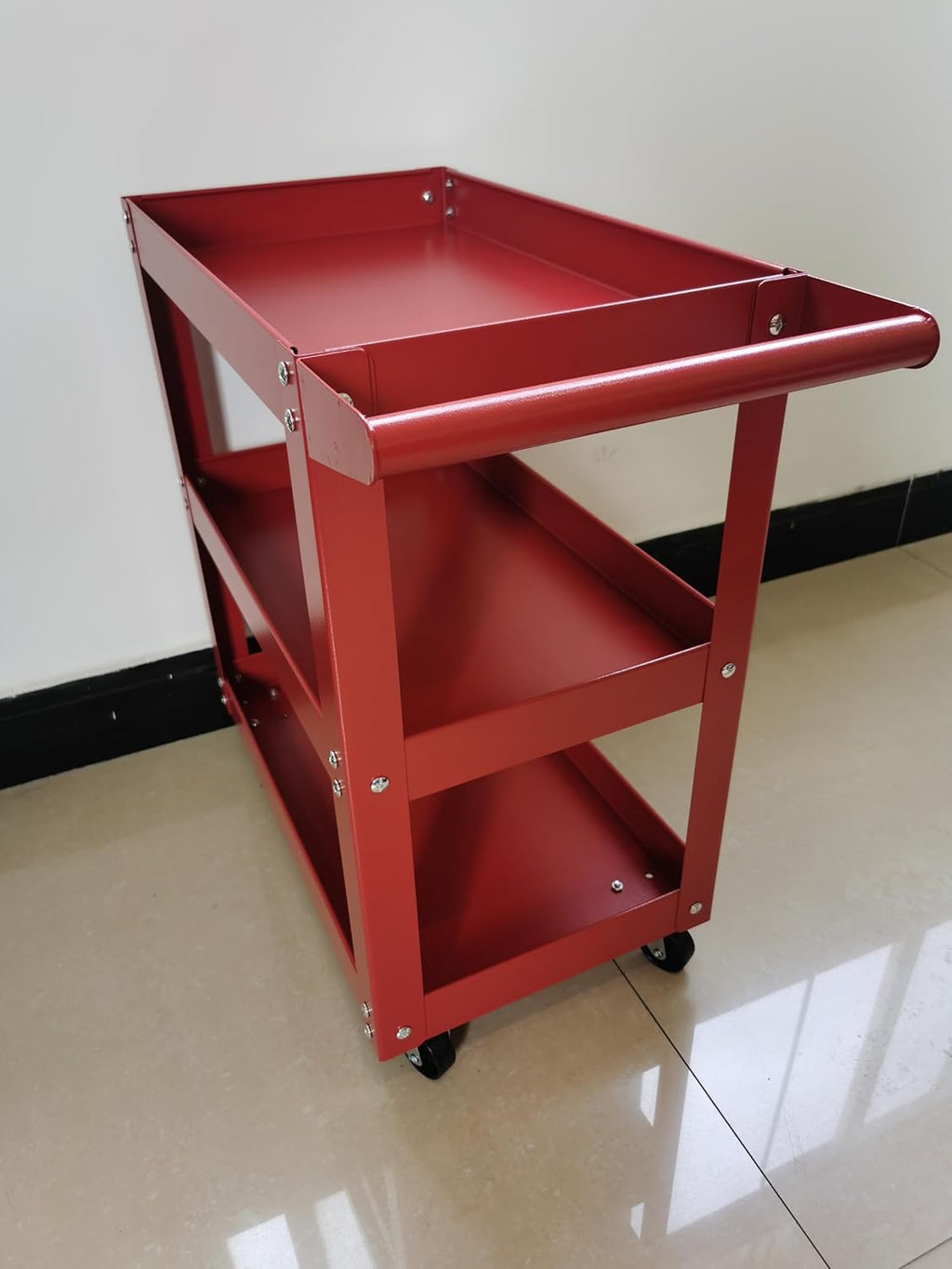 Utility Service Cart, 3 Shelf 150LBS Heavy Duty Steel Rolling Utility Cart, Medium Lipped Shelf