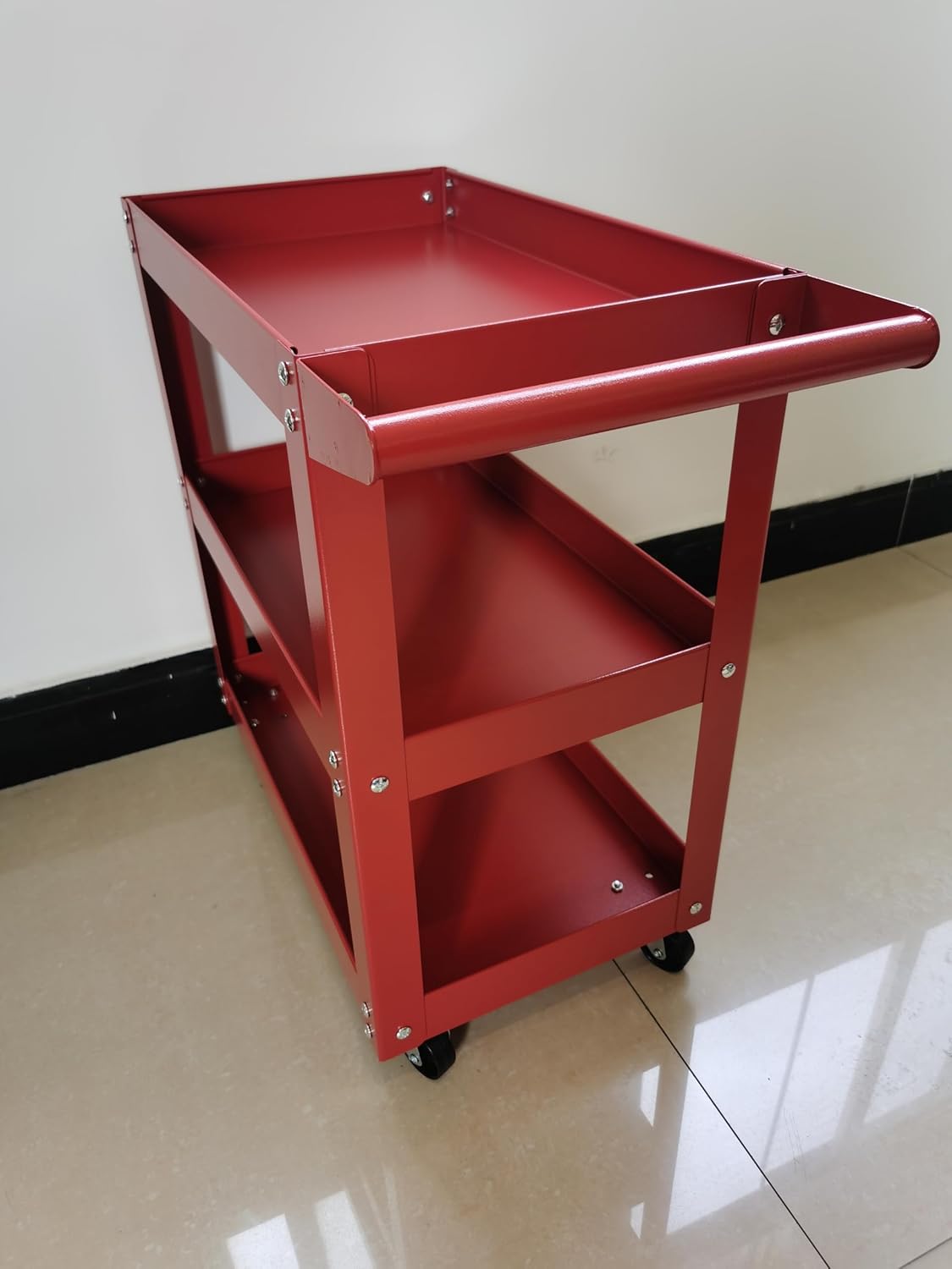 Utility Service Cart, 3 Shelf 150LBS Heavy Duty Steel Rolling Utility Cart, Medium Lipped Shelf