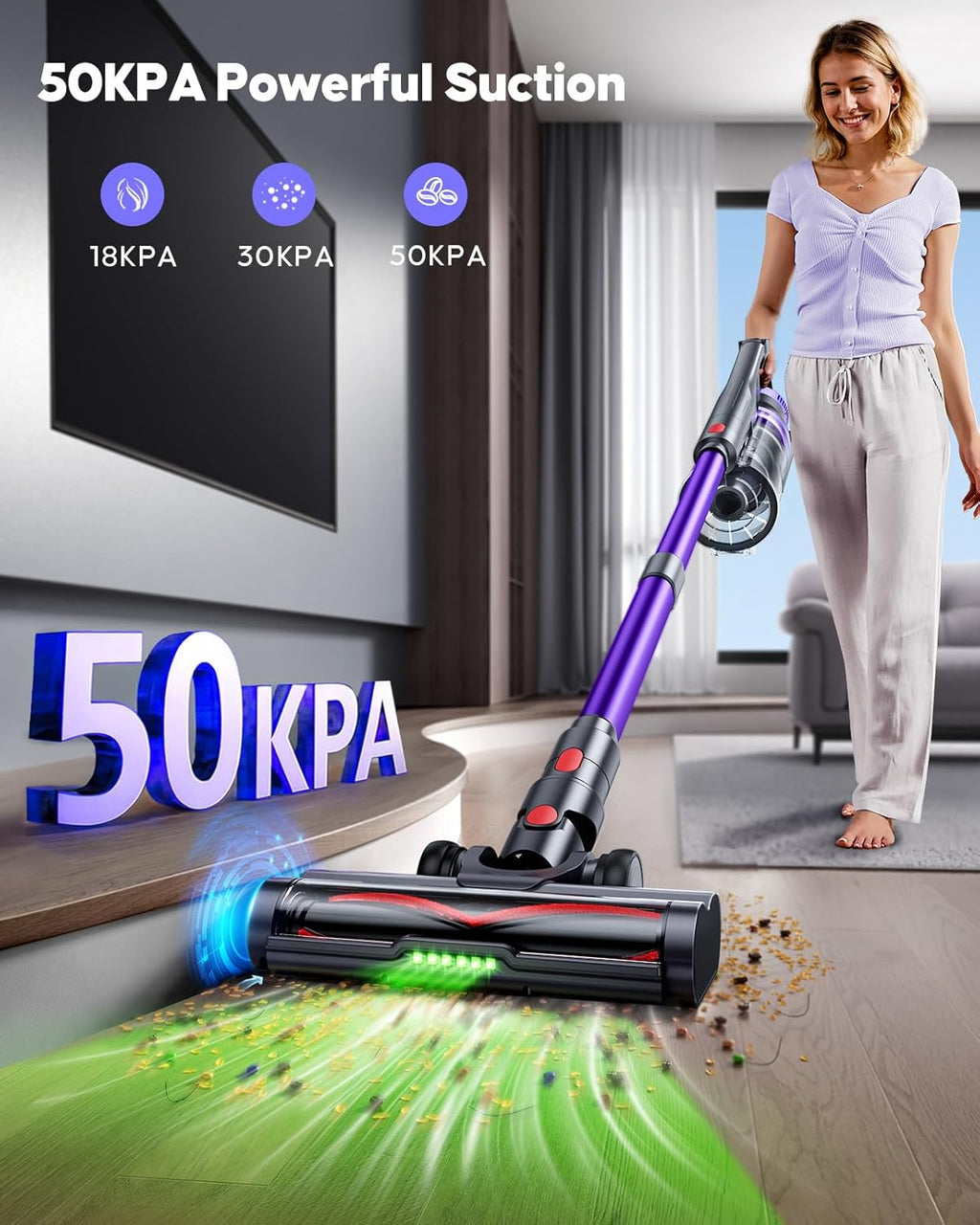 Cordless Vacuum Cleaner, 600W 50Kpa Stick Vacuum Cleaner with 65mins Rechargeable Battery